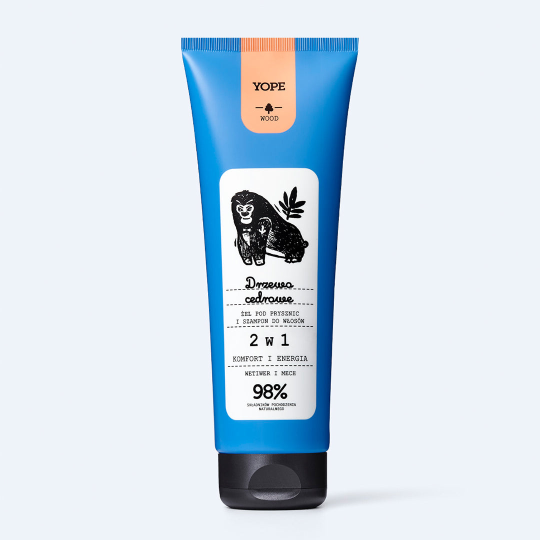 YOPE Wood 2in1 – Dušo gelis + Šampūnas, 250ml.